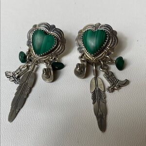 Vintage Sterling silver Malachite  heart shaped western earrings